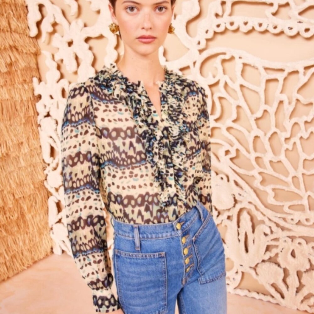 NWOT 2024 Collection ULLA JOHNSON Clio Ruffle Silk Blouse in Mariposa XS $407